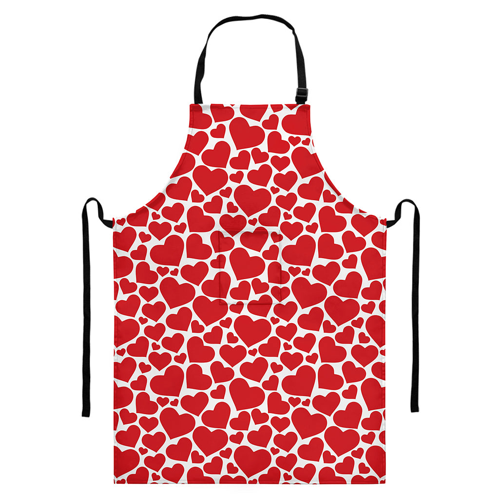 Red And White Heart Pattern Print Bib Apron With Pocket