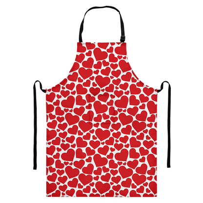 Red And White Heart Pattern Print Bib Apron With Pocket