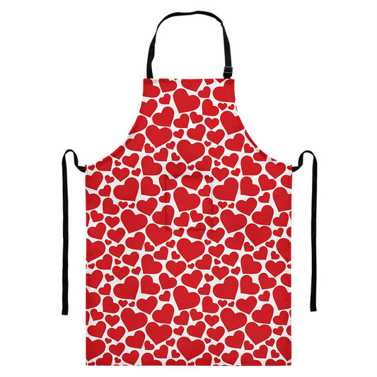 Red And White Heart Pattern Print Bib Apron With Pocket