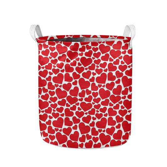 Red And White Heart Pattern Print Collapsible Laundry Basket