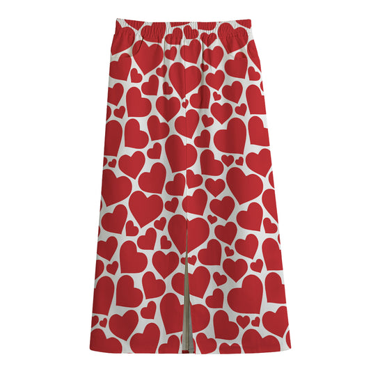 Red And White Heart Pattern Print Cotton Front Slit Maxi Skirt