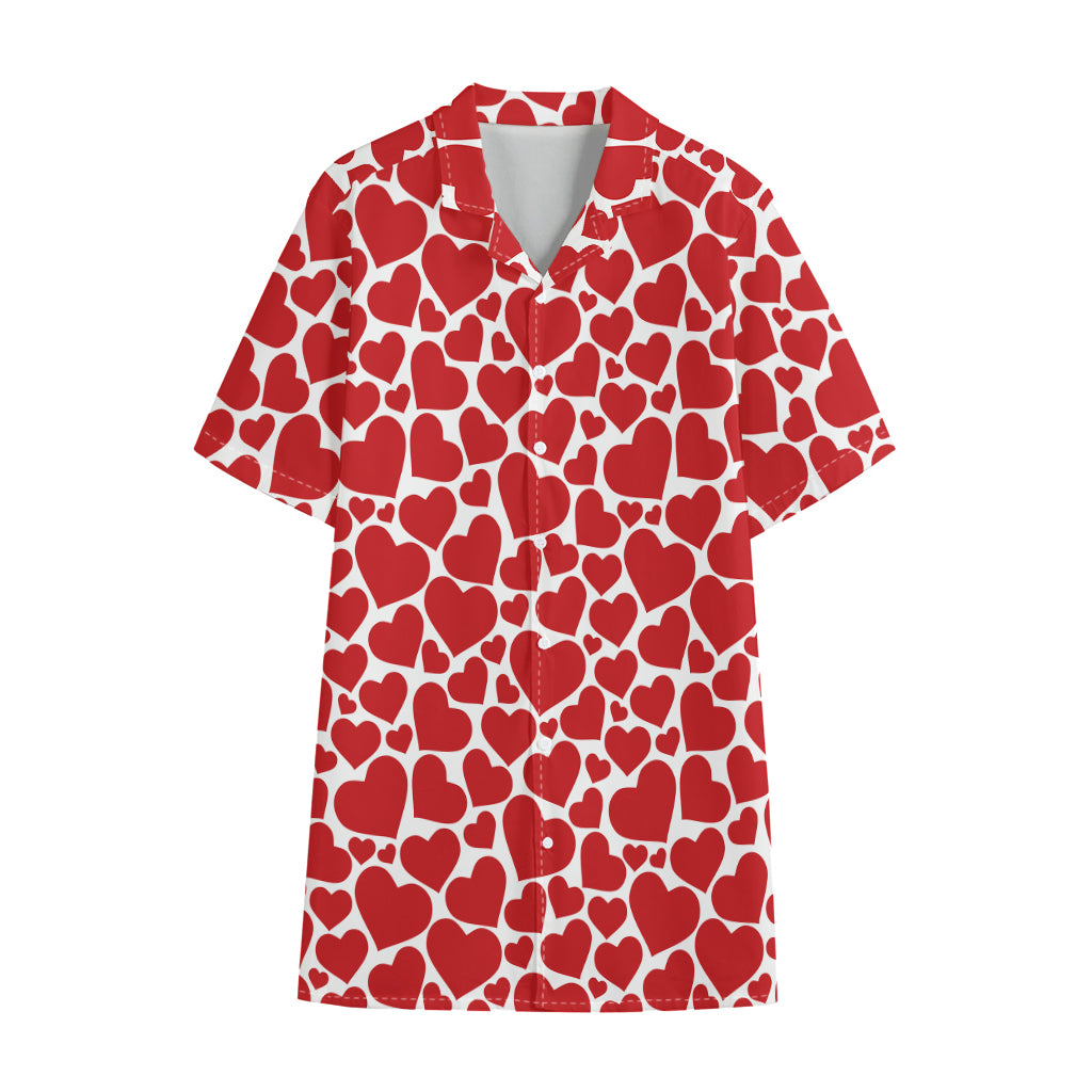 Red And White Heart Pattern Print Cotton Hawaiian Shirt