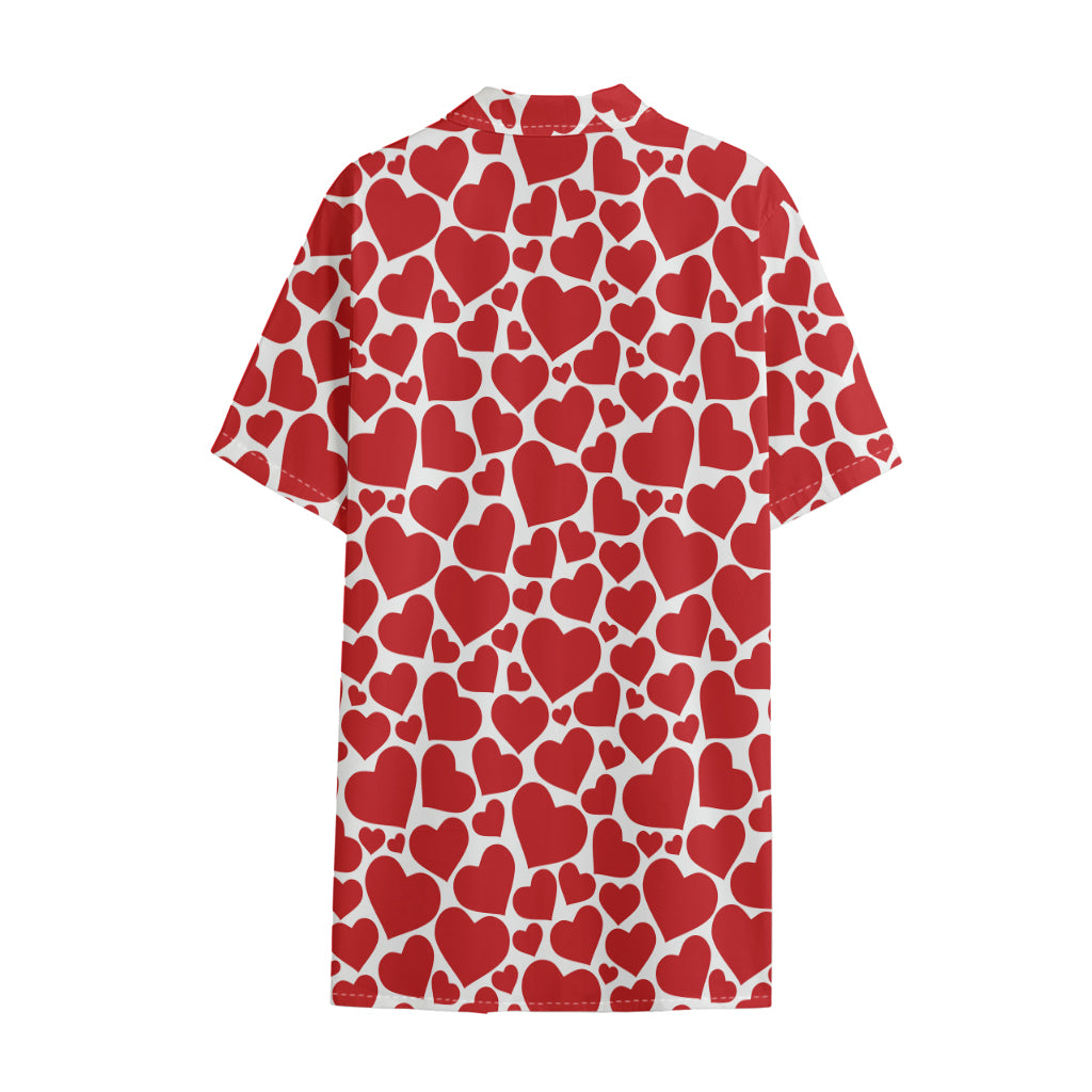 Red And White Heart Pattern Print Cotton Hawaiian Shirt