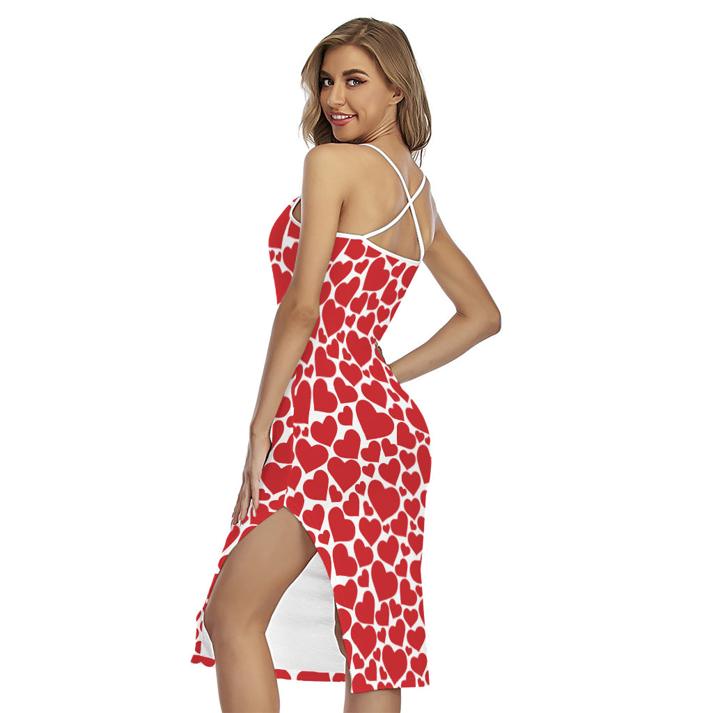 Red And White Heart Pattern Print Cross Back Cami Dress