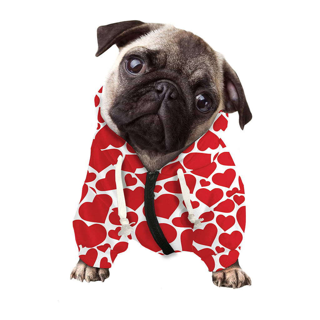 Red And White Heart Pattern Print Dog Zip Up Hoodie
