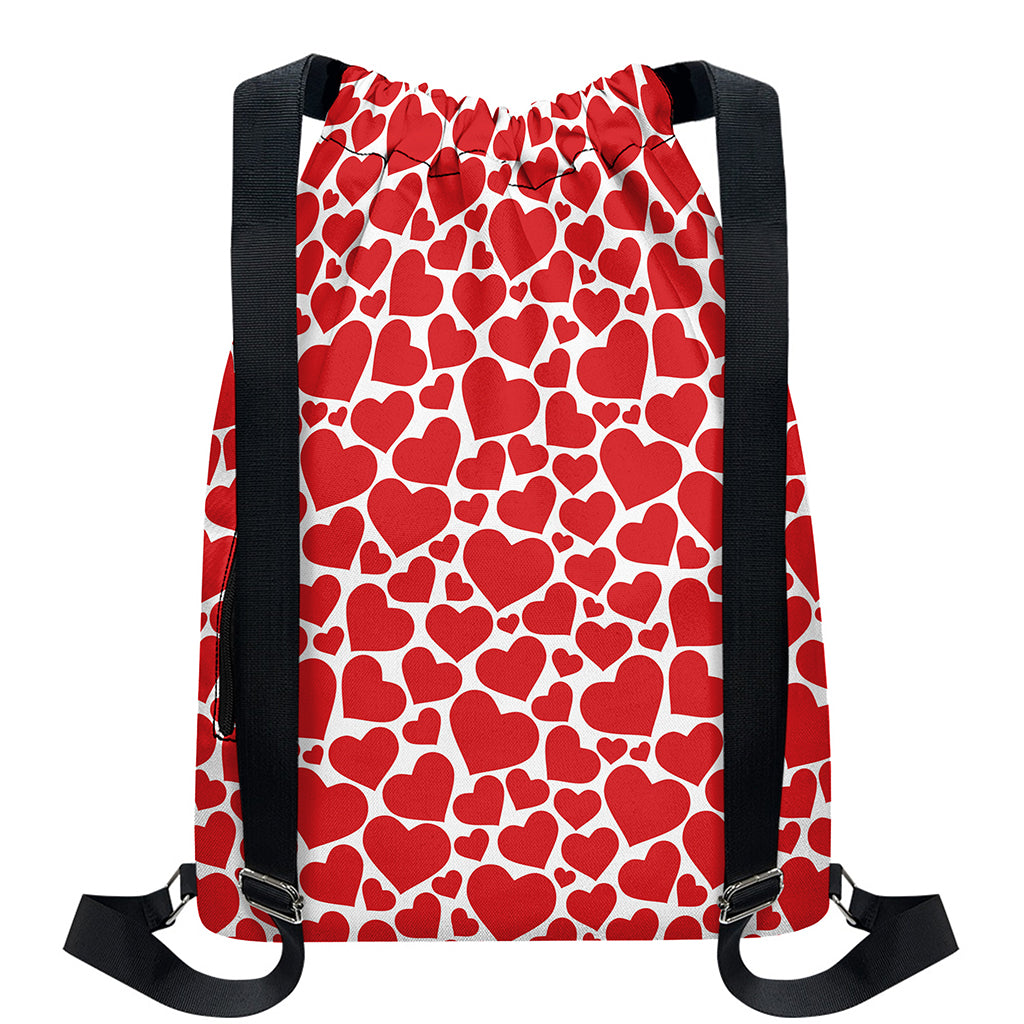 Red And White Heart Pattern Print Drawstring Backpack