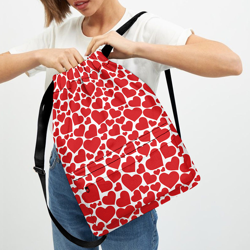 Red And White Heart Pattern Print Drawstring Backpack