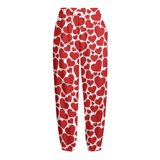 Red And White Heart Pattern Print Fleece Lined Knit Pants