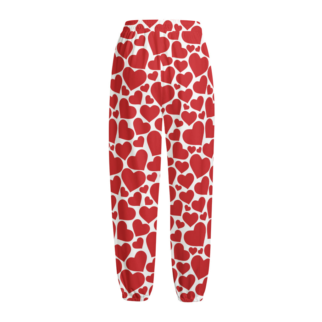 Red And White Heart Pattern Print Fleece Lined Knit Pants