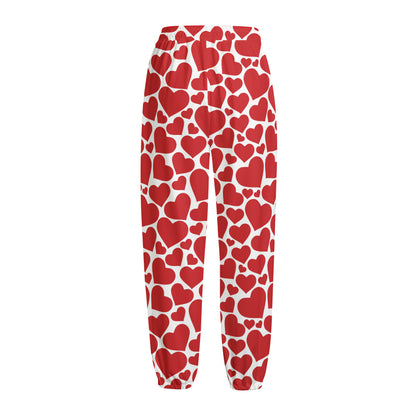 Red And White Heart Pattern Print Fleece Lined Knit Pants