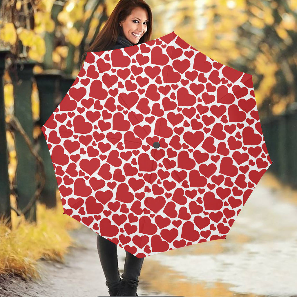Red And White Heart Pattern Print Foldable Umbrella