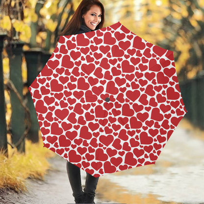 Red And White Heart Pattern Print Foldable Umbrella