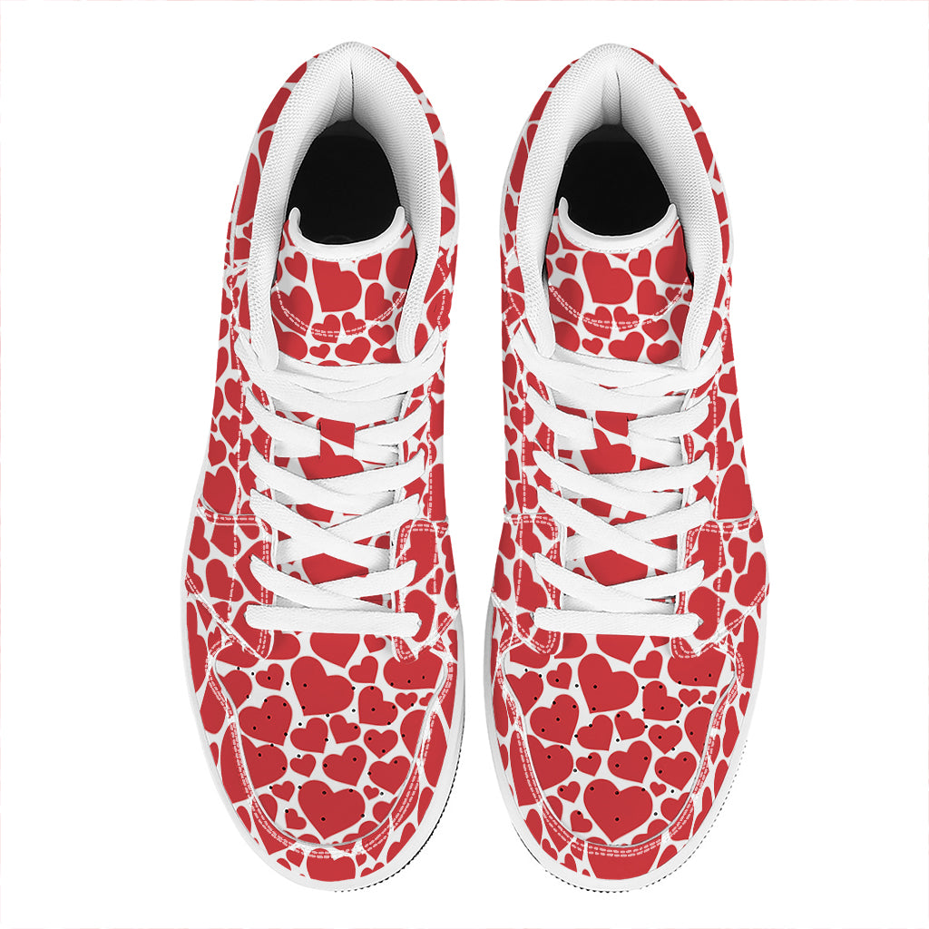 Red And White Heart Pattern Print High Top Leather Sneakers