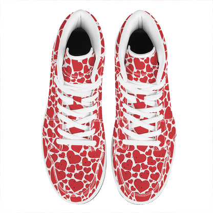 Red And White Heart Pattern Print High Top Leather Sneakers