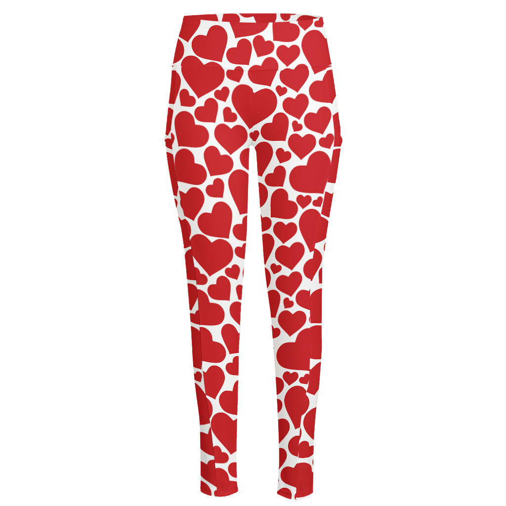 Red And White Heart Pattern Print High-Waisted Pocket Leggings