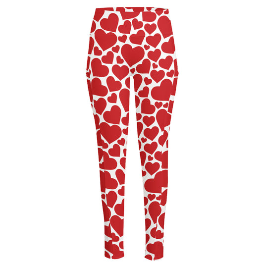 Red And White Heart Pattern Print High-Waisted Pocket Leggings