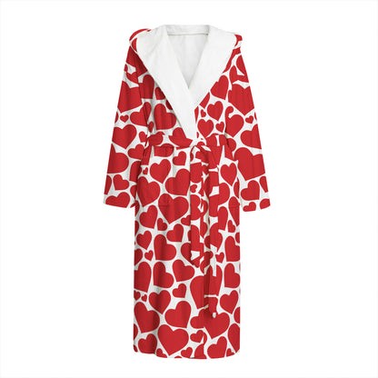 Red And White Heart Pattern Print Hooded Bathrobe