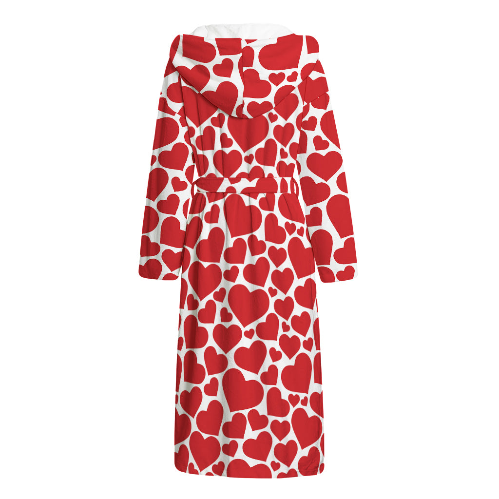Red And White Heart Pattern Print Hooded Bathrobe