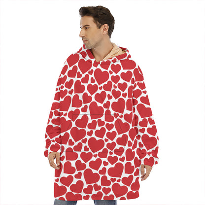 Red And White Heart Pattern Print Hoodie Blanket