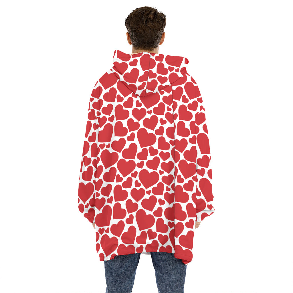 Red And White Heart Pattern Print Hoodie Blanket