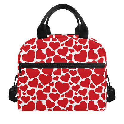 Red And White Heart Pattern Print Insulated Lunch Bag