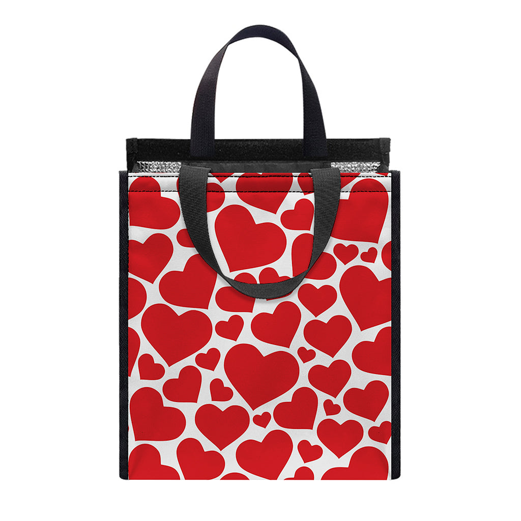 Red And White Heart Pattern Print Insulated Lunch Tote