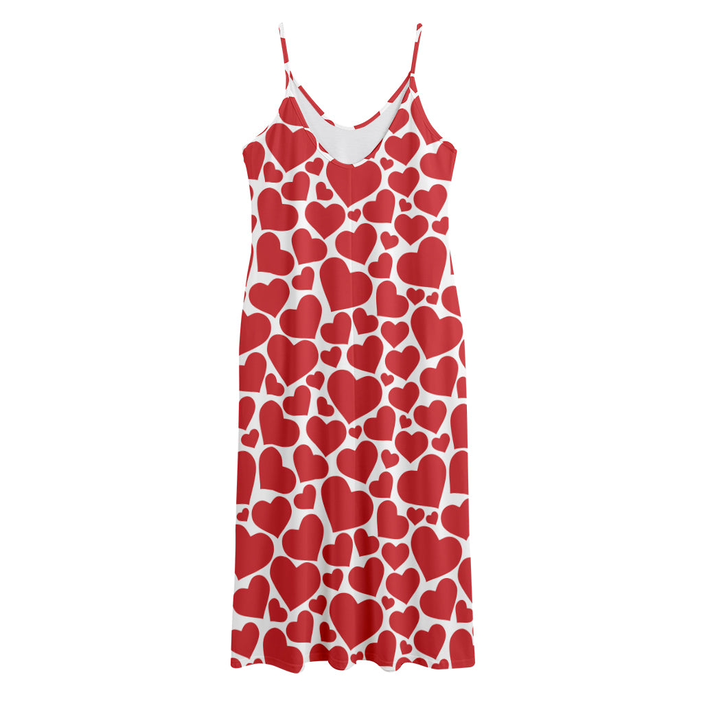 Red And White Heart Pattern Print Jersey Midi Cami Dress
