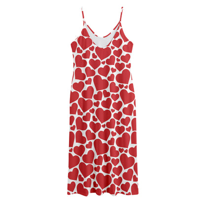 Red And White Heart Pattern Print Jersey Midi Cami Dress