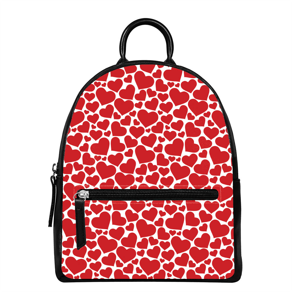 Red And White Heart Pattern Print Leather Backpack