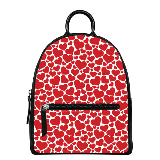 Red And White Heart Pattern Print Leather Backpack