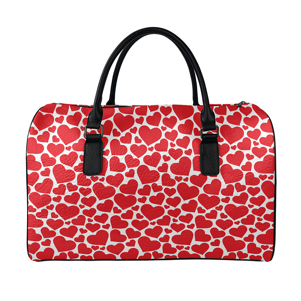Red And White Heart Pattern Print Leather Duffle Bag