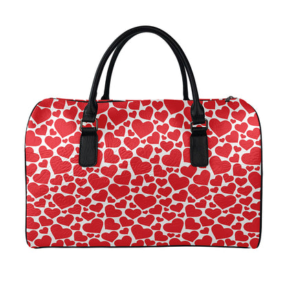 Red And White Heart Pattern Print Leather Duffle Bag