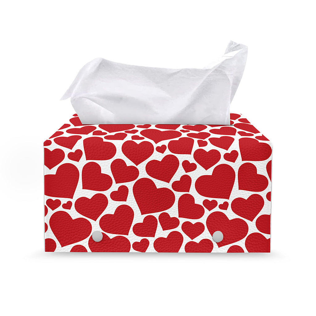 Red And White Heart Pattern Print Leather Tissue Box Cover