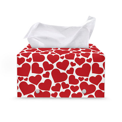 Red And White Heart Pattern Print Leather Tissue Box Cover