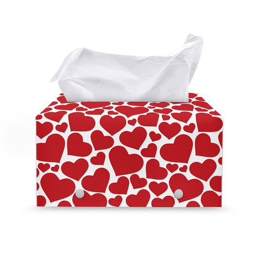 Red And White Heart Pattern Print Leather Tissue Box Cover