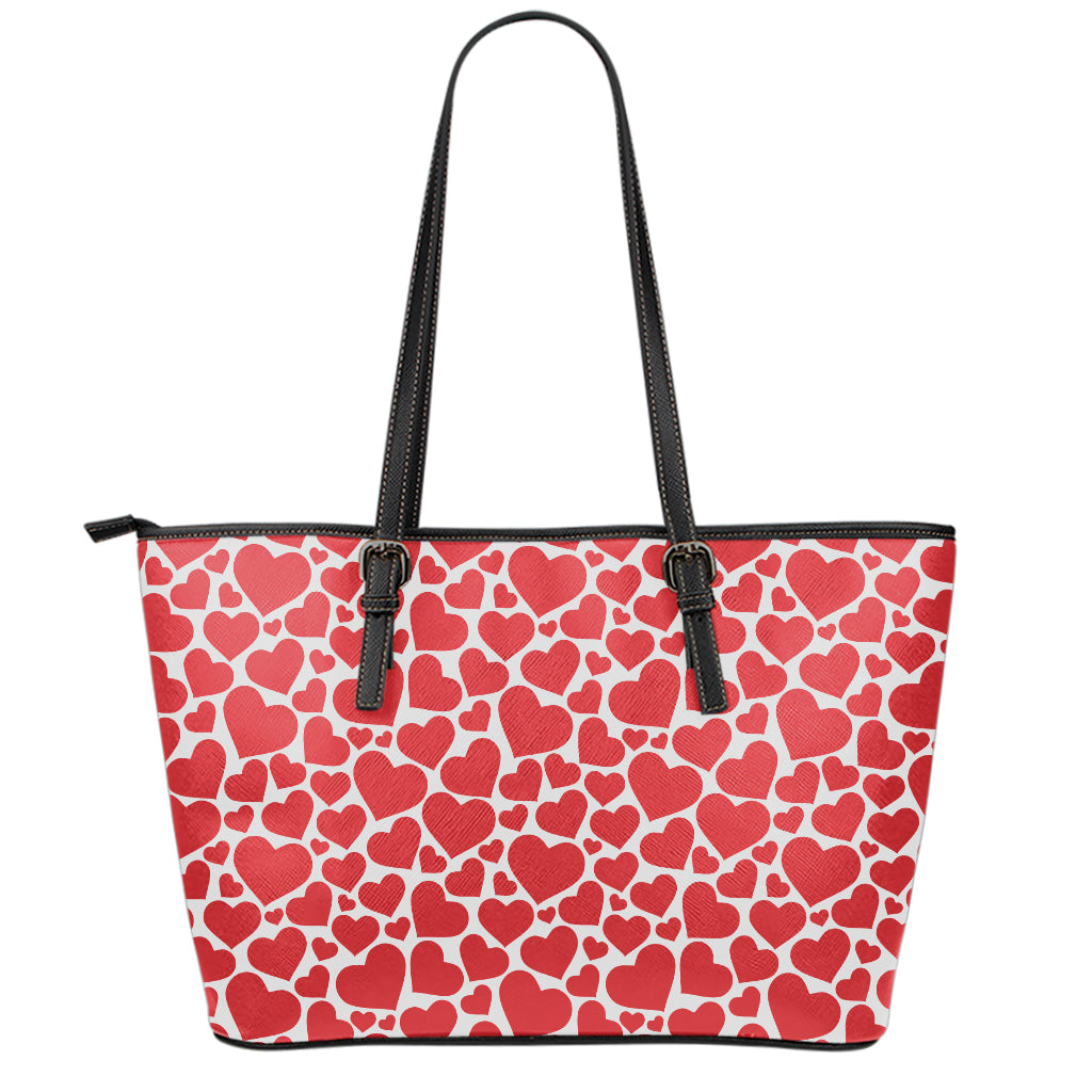 Red And White Heart Pattern Print Leather Tote Bag