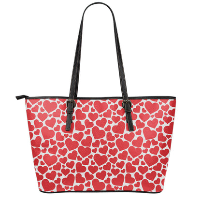 Red And White Heart Pattern Print Leather Tote Bag