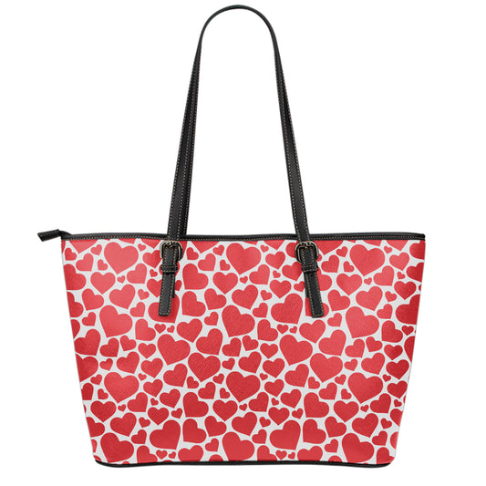 Red And White Heart Pattern Print Leather Tote Bag