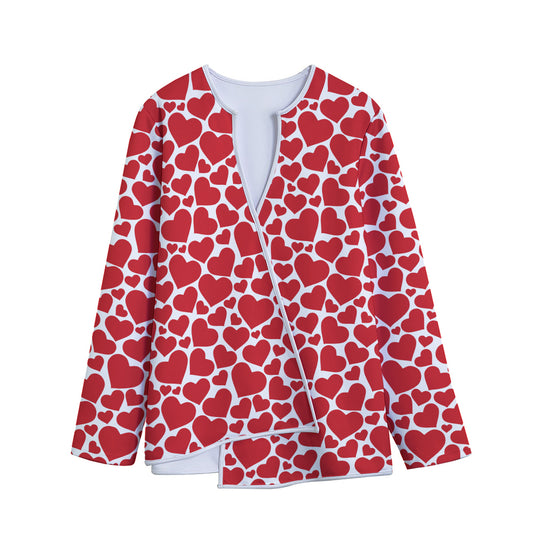 Red And White Heart Pattern Print Long Sleeve Short Coat
