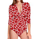 Red And White Heart Pattern Print Long Sleeve Swimsuit