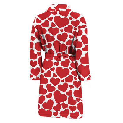 Red And White Heart Pattern Print Men's Bathrobe