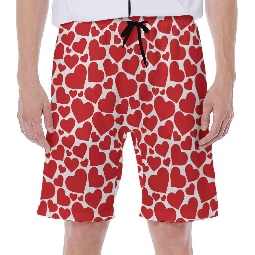 Red And White Heart Pattern Print Men's Beach Shorts