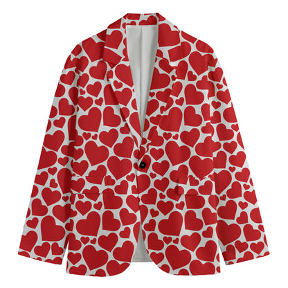Red And White Heart Pattern Print Men's Cotton Blazer