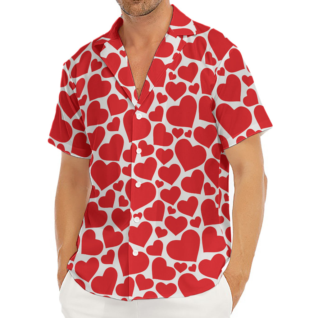 Red And White Heart Pattern Print Men's Deep V-Neck Shirt