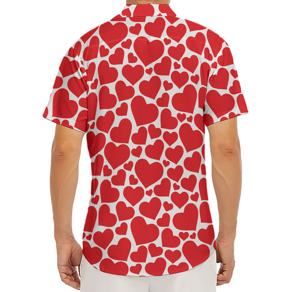 Red And White Heart Pattern Print Men's Deep V-Neck Shirt