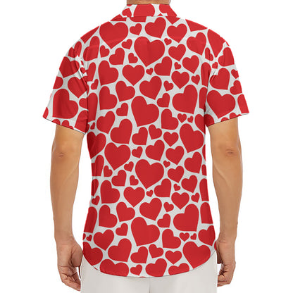 Red And White Heart Pattern Print Men's Deep V-Neck Shirt