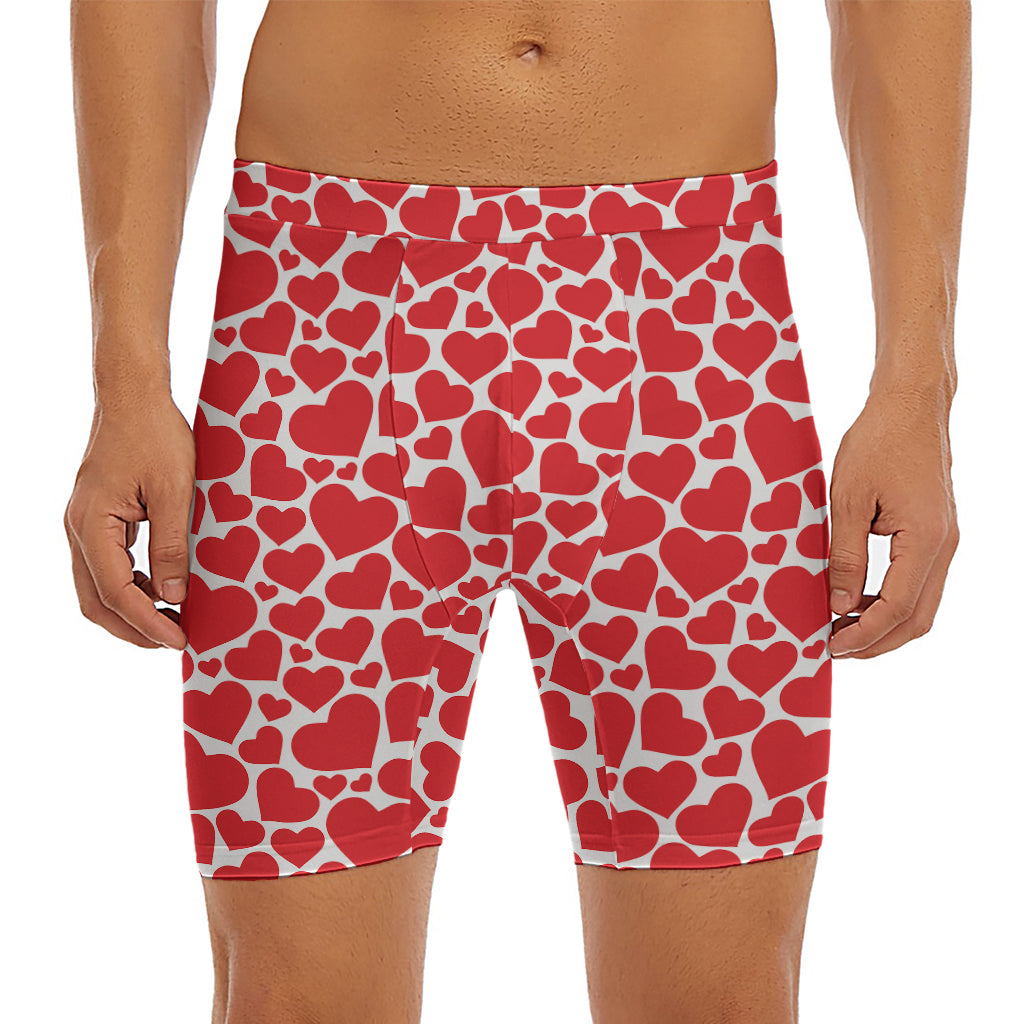 Red And White Heart Pattern Print Men's Long Boxer Briefs