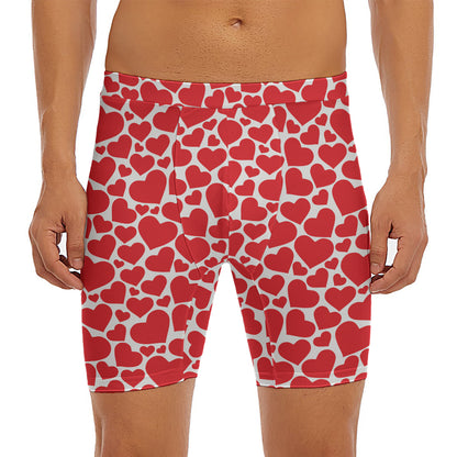 Red And White Heart Pattern Print Men's Long Boxer Briefs