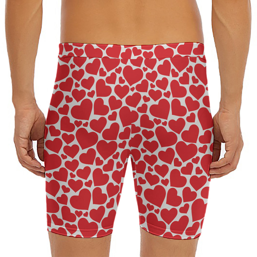Red And White Heart Pattern Print Men's Long Boxer Briefs