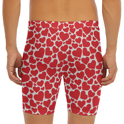 Red And White Heart Pattern Print Men's Long Boxer Briefs